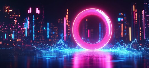 Poster - Futuristic neon cityscape with glowing circular portal and soundwave patterns