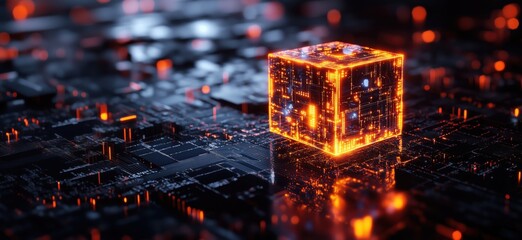 Aufkleber - Glowing digital cube on circuit board background representing technology and innovation