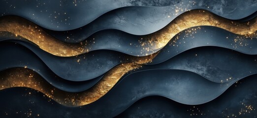 Poster - Elegant abstract waves with gold accents on dark textured background