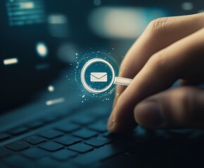 Poster - Email Search on Laptop: A hand hovers over a laptop keyboard, a glowing magnifying glass icon highlighting an email symbol, representing the search for important information in a digital age. 