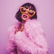 © DDU - Photo of a Stylish Woman in Pink Fur Coat Smiling Confidently Against Lavender Background