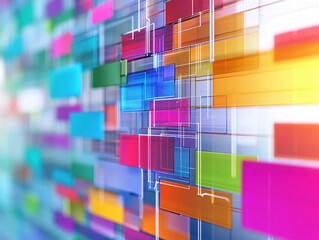Poster - Colorful Digital Network: A vibrant display of interconnected digital components, visualized through a dynamic network of translucent, multi-colored blocks, symbolizing communication and data flow.