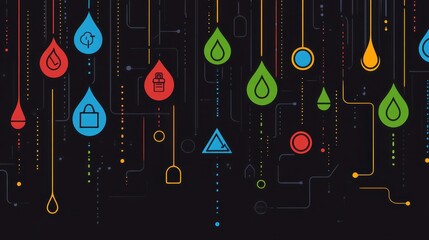 Poster - Digital Drip: Modern artwork featuring vibrant water drop-shaped icons in a futuristic environment, with each one telling its own story and connected by dynamic networks on a dark background.