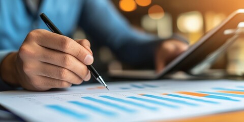 Poster - Analyzing Charts and Data: A professional in a crisp blue shirt meticulously analyzes financial charts, the pen poised above the data, as he works towards a target.