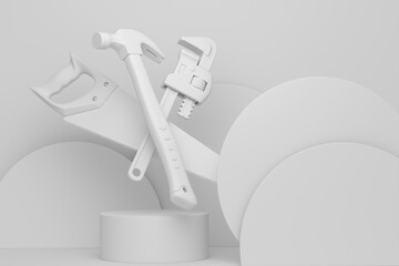 Poster - Abstract scene or podium with carpenters tools on monochrome background