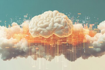Poster - Brain in the Cloud: A captivating, thought-provoking image merges the human brain with fluffy white clouds and a digital cityscape. Illustrating innovation.