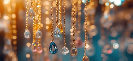 Poster - Elegant chandelier with sparkling crystal droplets and warm bokeh background