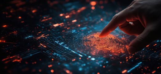 Poster - Digital fingerprint technology with glowing circuits and hand interaction