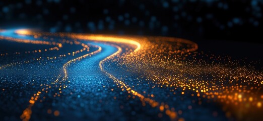 Poster - Glowing abstract river of light with blue and orange particles in dark background