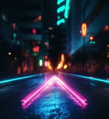 Poster - Neon-lit urban street with glowing arrow design and vibrant nightlife atmosphere