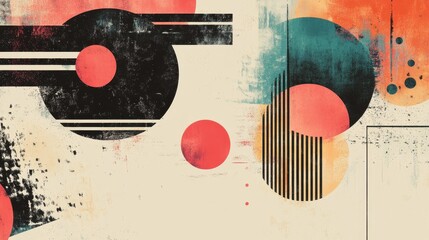 Poster - Abstract Circular Harmony: A modern art composition featuring overlapping circles and geometric shapes in a harmonious blend of black, red, and orange hues, textured with artistic brushstrokes.