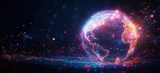 Aufkleber - Glowing Digital Earth with Network Connections and Colorful Particles in Dark Background