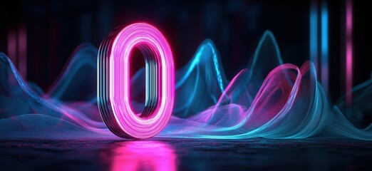 Poster - Neon Number Zero Surrounded by Colorful Waves in Futuristic Setting