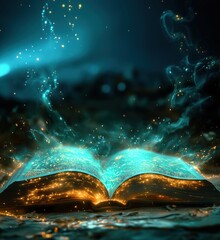 Poster - Magical glowing book with sparkling pages and ethereal light effects