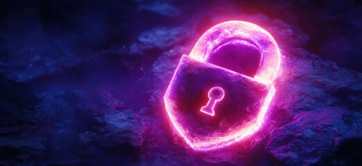 Fototapete - Neon glowing padlock symbol representing digital security and data protection