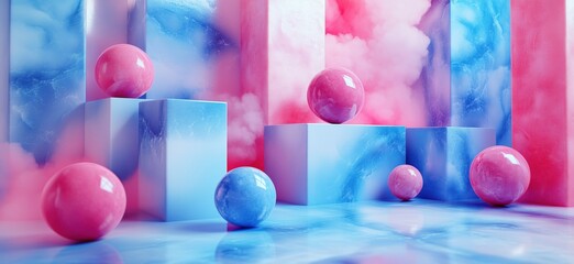 Poster - Colorful abstract scene with pink and blue spheres and geometric shapes
