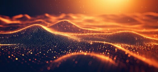 Poster - Abstract glowing orange wave patterns with sparkling particles in digital landscape