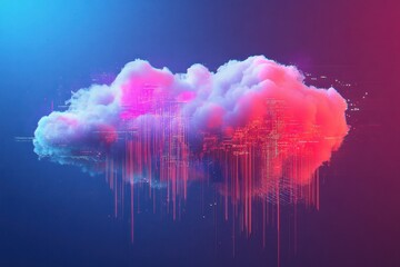 Poster - Cloud of Tomorrow: A vibrant, stylized representation of cloud computing, this image portrays a luminous cloud rendered with digital artistry, set against a dynamic gradient background. 