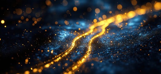 Poster - Glowing golden lines on dark textured surface with sparkling bokeh effects