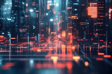 Poster - Digital Cityscape: A vibrant digital cityscape of interconnected networks, showcasing the future of technology, and data flow. 