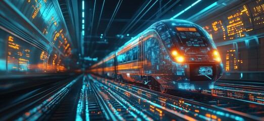 Poster - Futuristic high-speed train illuminated with neon lights in a digital cityscape