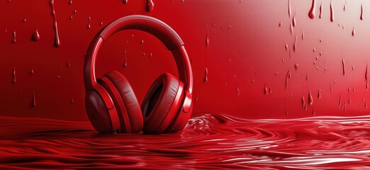 Poster - Red headphones on vibrant red liquid background with droplets for striking visual impact