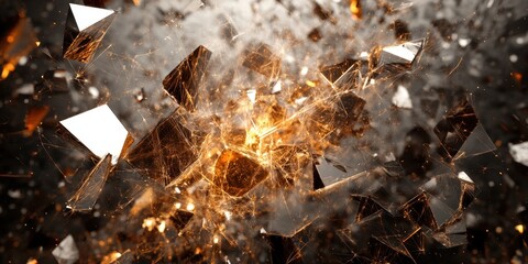 Poster - Shattered Glass Explosion: Abstract image of shattered glass with fiery explosion effect.  The image evokes chaos, destruction and energy.