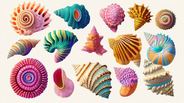 Colorful, stylized seashells in various shapes and vibrant hues.  Detailed, 3D renderings of diverse seashells