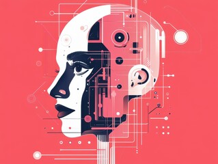 Poster - Digital Mind: A stylized portrayal of a digital human head, blending human features with intricate circuitry. This artwork evokes the merging of human intelligence and artificial intelligence.