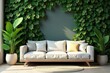 © Sujid - Low-slung sofa in neutral tones amidst lush greenery, minimalist decor, calm ambiance, serenity
