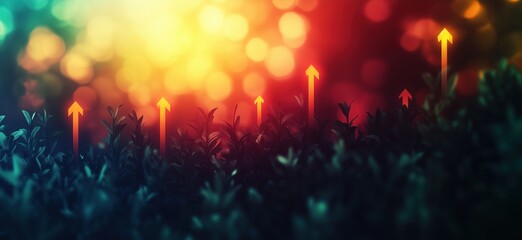 Poster - Vibrant abstract background with upward arrows and lush greenery in soft focus