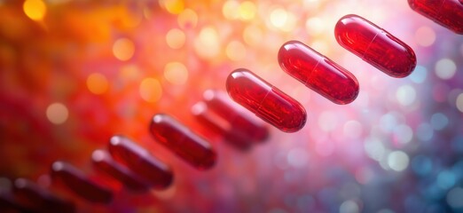Poster - Red capsules floating in colorful bokeh background representing health and medicine