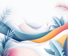 Poster - Paper Art Tropical Landscape: Serene paper art landscape featuring pastel-colored waves, tropical leaves, and delicate branches, creating a calming and aesthetically pleasing scene.