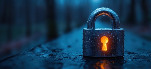 Fototapete - Illuminated padlock with keyhole glowing in rain-soaked environment at dusk