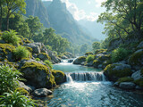 Crystal-clear mountain stream flowing over rocks with moss and ferns.