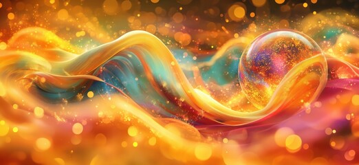 Poster - Colorful abstract wave with glowing orb and sparkles in vibrant hues