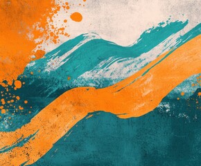 Poster - Brush Stroke Harmony: Swirls of vibrant orange and teal paint dance across a textured canvas, creating a dynamic and captivating abstract expression of creativity and artistic flair.