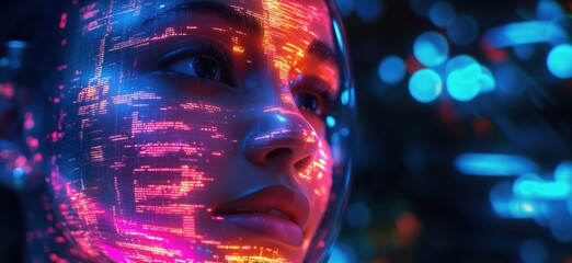 Poster - Futuristic portrait of a woman with glowing digital patterns on her face