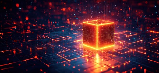 Aufkleber - Glowing digital cube in futuristic neon environment with vibrant particles and grid patterns