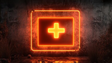 Poster - Illuminated Plus Sign: A vibrant plus symbol glows with bright neon light, encased in a square against a textured concrete wall.