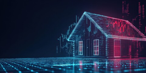 Poster - Digital House Blueprint: A stunning visual representing the future of real estate with a glowing digital house and data points.