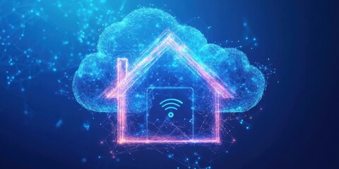Poster - Smart Home: A futuristic digital artwork that illustrates a home connected to cloud computing technology with the use of a wifi signal, represents the future of secure home.