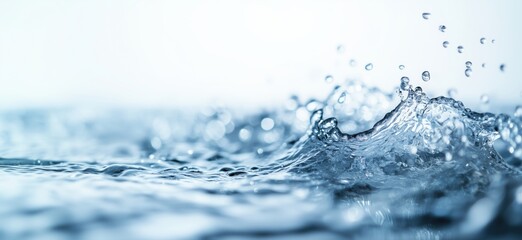 Poster - Dynamic water splash with droplets creating ripples in clear blue liquid