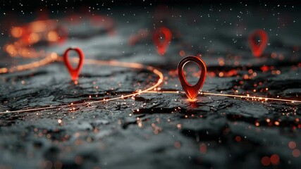 Poster - Illuminated location pin icons on a textured surface, connected by glowing lines, creating a network visualization, ideal for technology and mapping