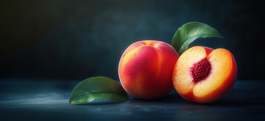 Poster - Fresh peaches with vibrant colors and leaves on dark background