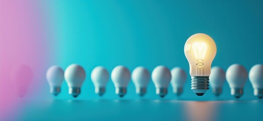 Poster - Illuminated light bulb standing out among unlit bulbs on vibrant blue background