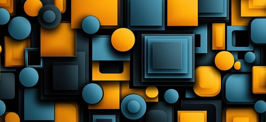 Poster - Geometric abstract background with layered squares and circles in blue and orange tones