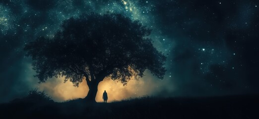 Poster - Silhouette of a person standing under a large tree against a starry night sky