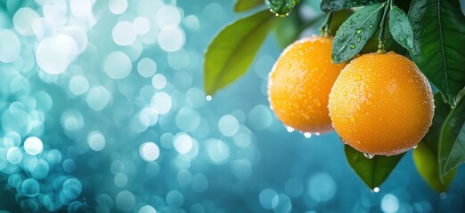 Poster - Fresh oranges with water droplets hanging on tree branch against blurred blue background