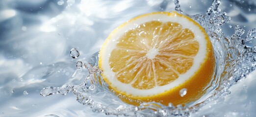 Poster - Fresh lemon slice splashing in clear water creating dynamic droplets and ripples